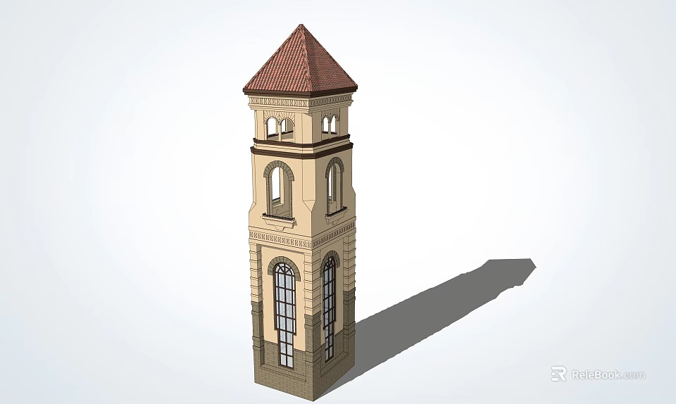 Classic Tower Architectural Design Featuring Red Brown Roof Arched Windows And Beige Body 3d model 