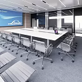 Modern Conference Room Interior Design With Large White Table Grey Rolling Chairs And Wall Screen