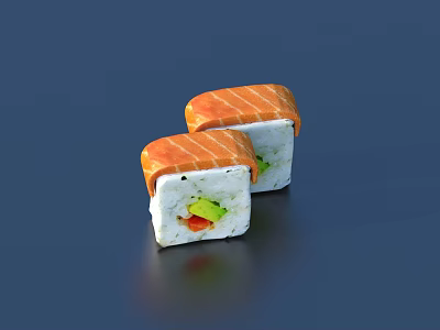 Fresh Salmon Sushi Rolls With Avocado And Red Pepper On Dark Background 3d model