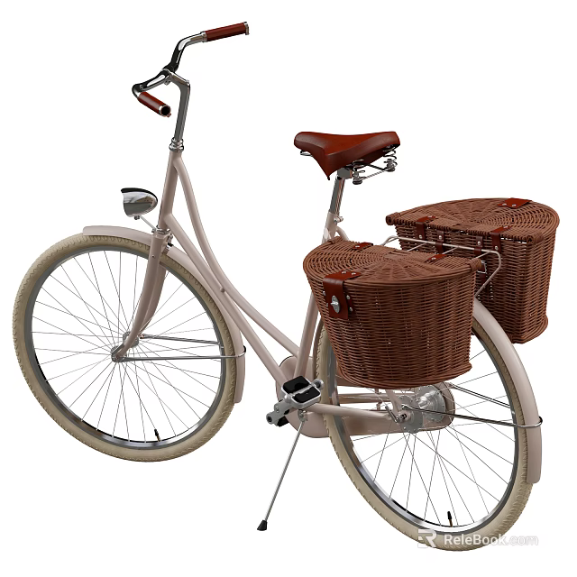 Vintage Style Bicycle with Two Wicker Baskets Brown Leather Seat and Front Light 3d model 