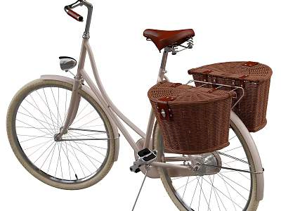 Vintage Style Bicycle with Two Wicker Baskets Brown Leather Seat and Front Light 3d model