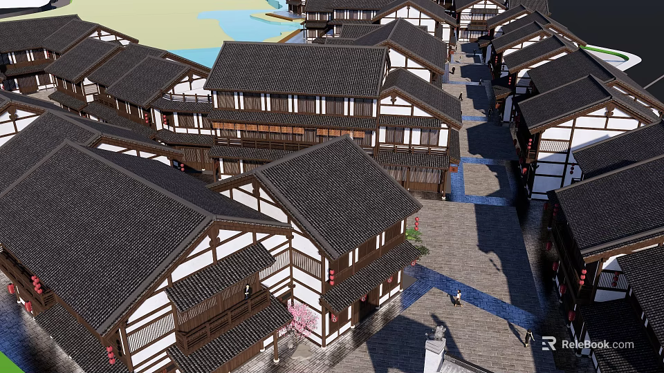 Ancient Architecture Featuring Traditional Black Tile Roofs Wooden Structures And Historic Street Layout 3d model 