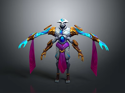 Futuristic Mythical Creature With Silver Armor Golden Details Glowing Blue Accents And Purple Sashes 3d model