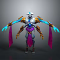 Futuristic Mythical Creature With Silver Armor Golden Details Glowing Blue Accents And Purple Sashes