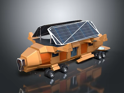 Cartoon Style Solar Powered Orange Mobile House Vehicle With Wheels And Top Panels 3d model