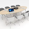 Modern Conference Table And Chair Set With Oval Wooden Top Gray White Seats Laptop Projector