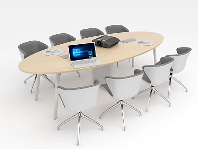 Modern Conference Table And Chair Set With Oval Wooden Top Gray White Seats Laptop Projector 3d model