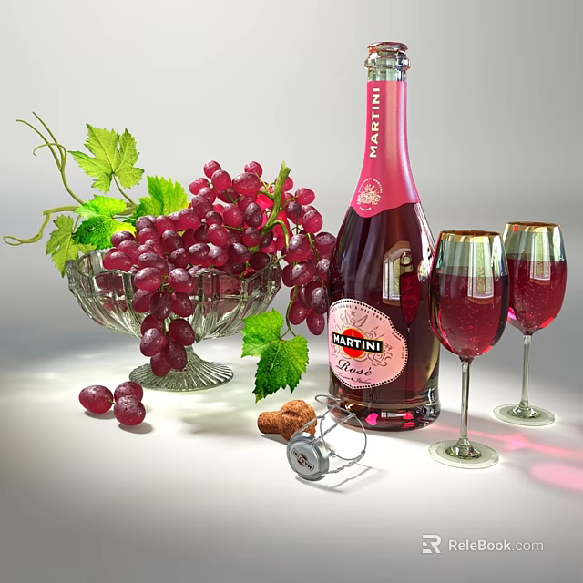 Fresh Red Grapes in Glass Bowl with Pink Wine Bottle Wine Glasses Corkscrew Green Leaves 3d model 
