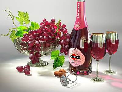 Fresh Red Grapes in Glass Bowl with Pink Wine Bottle Wine Glasses Corkscrew Green Leaves 3d model