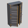Grey Industrial Equipment Storage Cabinet With Open Doors Yellow Edges And Internal Shelves