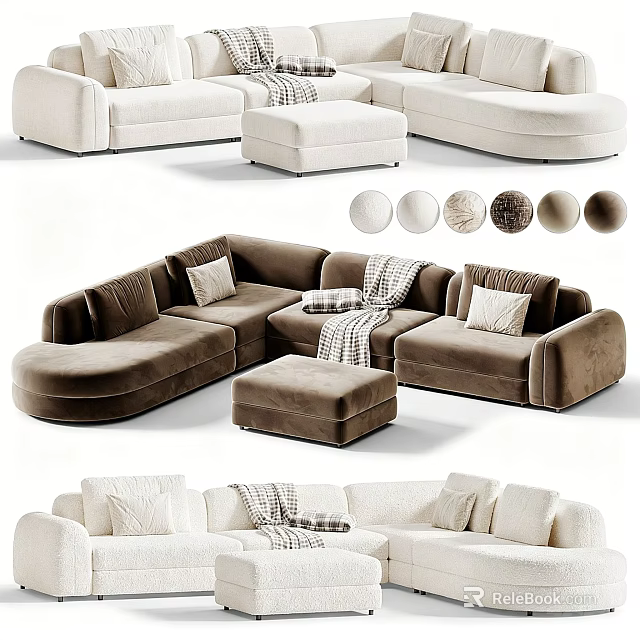 Versatile Sectional Sofa With Ottoman Throw Pillows And Blanket In Beige And Brown Colors 3d model 