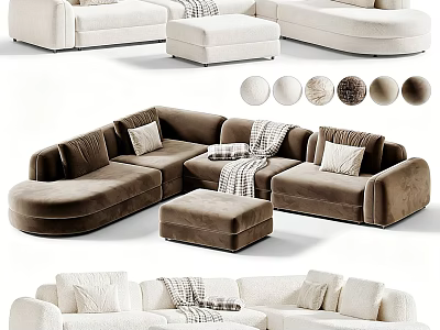 Versatile Sectional Sofa With Ottoman Throw Pillows And Blanket In Beige And Brown Colors 3d model