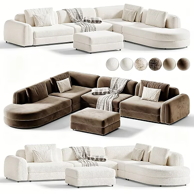 Versatile Sectional Sofa With Ottoman Throw Pillows And Blanket In Beige And Brown Colors 3d model