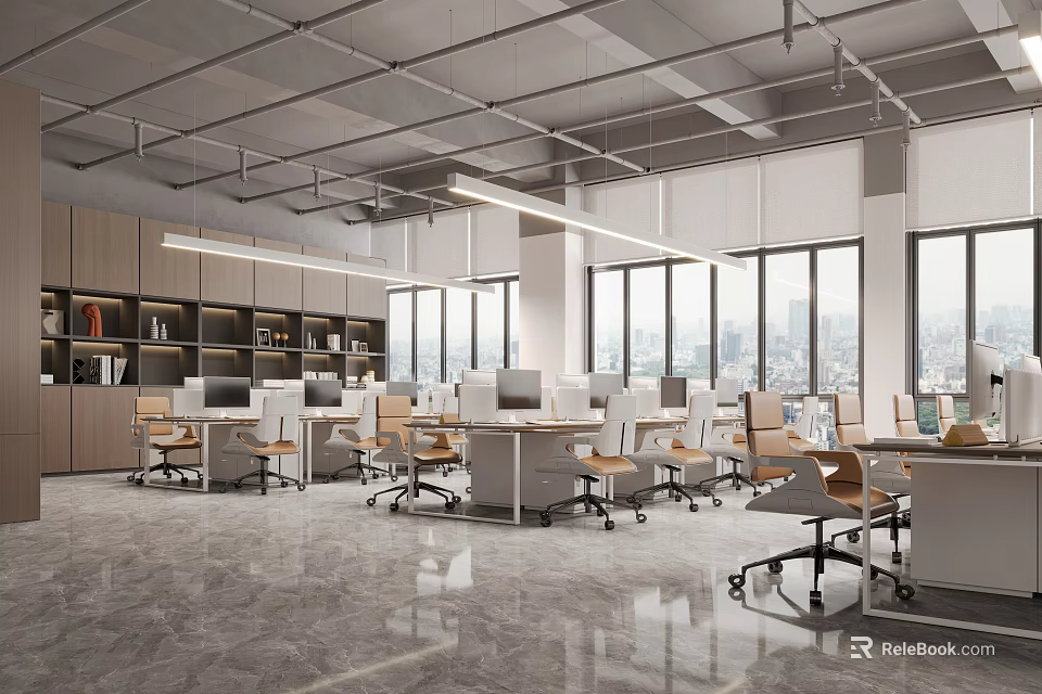 Modern Public Office Space With Open Layout Workstations Large Windows City View And Wooden Shelves 3d model 