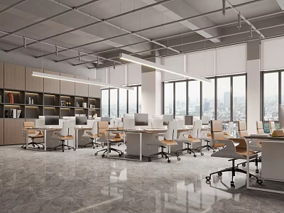 Modern Public Office Space With Open Layout Workstations Large Windows City View And Wooden Shelves 3d model