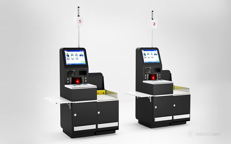 Dual Black Commercial Self Checkout Kiosks With Touch Screen Displays Integrated Scanners And Storage Drawers 3d model 