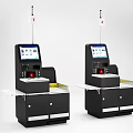 Dual Black Commercial Self Checkout Kiosks With Touch Screen Displays Integrated Scanners And Storage Drawers