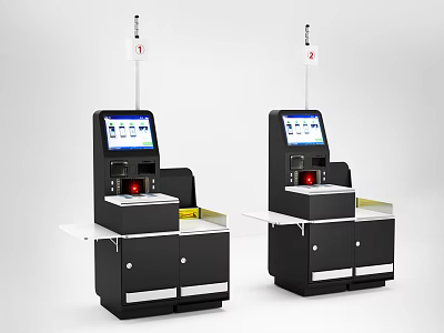 Dual Black Commercial Self Checkout Kiosks With Touch Screen Displays Integrated Scanners And Storage Drawers 3d model