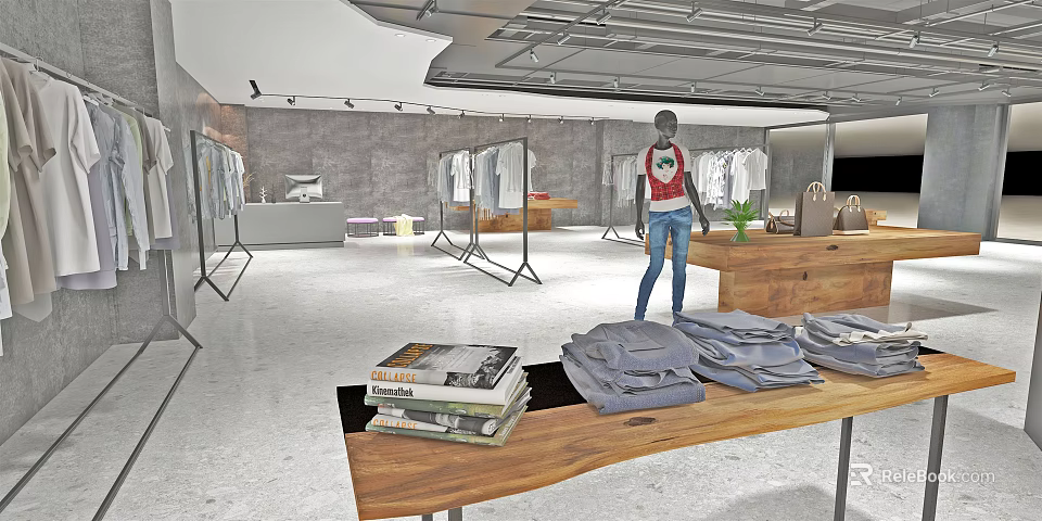 Modern Clothing Store Interior Featuring Mannequin Clothes Racks And Folded Apparel On Wooden Table 3d model 