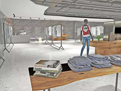 Modern Clothing Store Interior Featuring Mannequin Clothes Racks And Folded Apparel On Wooden Table 3d model