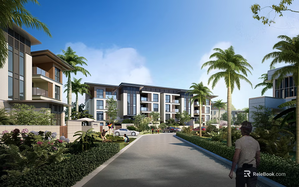 Scenic Modern Residential Community With Palm Trees Greenery And Pedestrian Pathway 3d model 