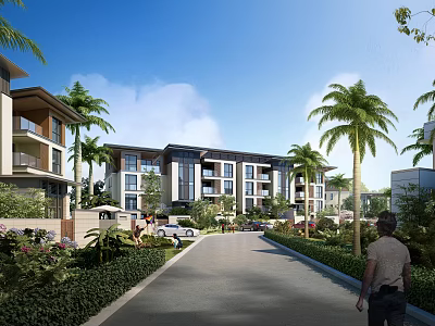 Scenic Modern Residential Community With Palm Trees Greenery And Pedestrian Pathway 3d model