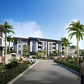Scenic Modern Residential Community With Palm Trees Greenery And Pedestrian Pathway