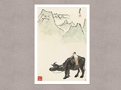 Chinese Decorative Painting Cattle Li Keran Shepherd Boy Figure model