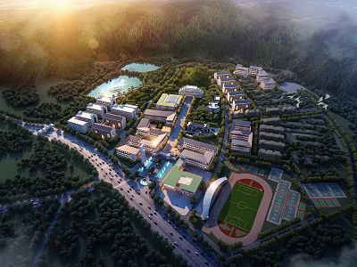 Aerial View of Modern School Buildings With Lush Green Trees Lake Sports Field and Roads 3d model