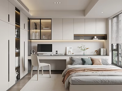 Modern Tatami Bedroom Interior Design With Desk Bookshelf Window And Cozy Bedding 3d model