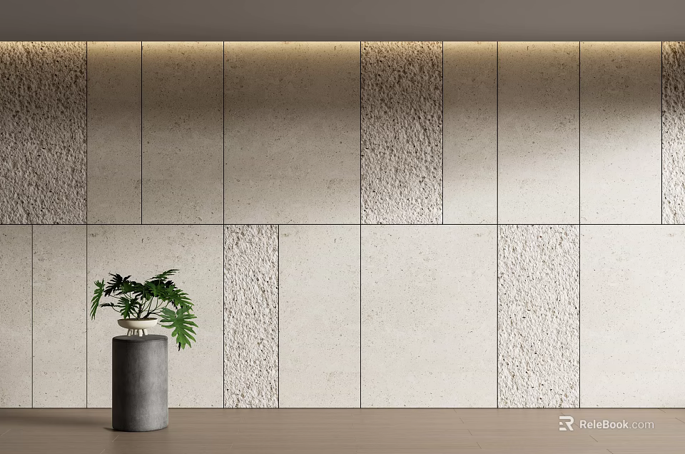 Gray Background Wall with Mixed Textured Square Panels Gray Planter and Green Plant 3d model