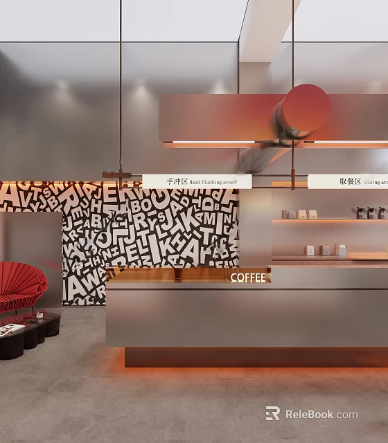 Modern Café Interior Design With Alphabet Pattern Wall Red Sofa And Coffee Bar Counter 3d model 