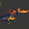 Vibrant Fantasy Fish Creature Featuring Blue Purple Body Orange Flame Tail And Saddle