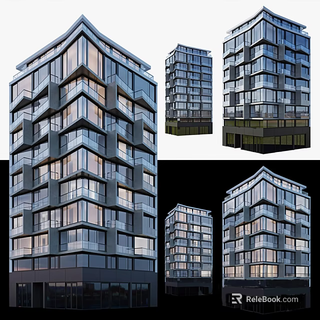 Modern High Rise Building Facade Design With Glass Windows And Balconies 3d model 