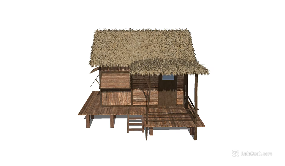 Traditional Wooden House With Thatch Roof Wooden Deck And Stairs Design 3d model 