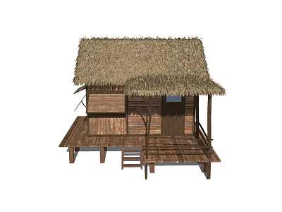 Traditional Wooden House With Thatch Roof Wooden Deck And Stairs Design 3d model