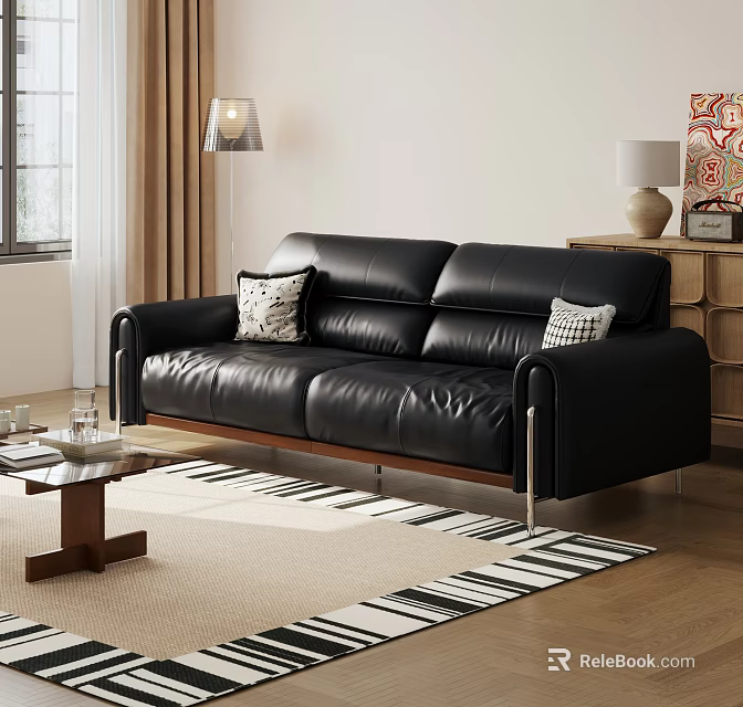 Leather Sofa With Decorative Pillows And Wooden Coffee Table With Floor Lamp And Striped Rug 3d model 