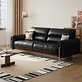 Leather Sofa With Decorative Pillows And Wooden Coffee Table With Floor Lamp And Striped Rug