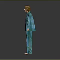 Man In Blue Pajamas Standing With Arms Outstretched On Gray Background