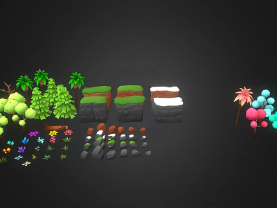 Cartoon Scene With Colorful Trees Flowers Green Grass And Snowy Terrain Blocks 3d model