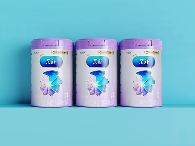 Three Cans of QINSHU Milk Powder Drink with Purple Lids White Cans on Blue Background 3d model