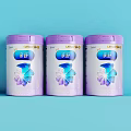 Three Cans of QINSHU Milk Powder Drink with Purple Lids White Cans on Blue Background