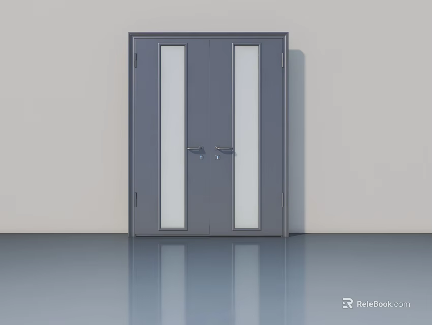 Gray Double Swing Door With Glass Panels And Silver Handles 3d model 