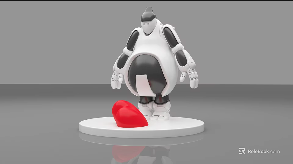 Smart Robot With White And Black Parts On White Base Near Red Heart Shaped Object 3d model 