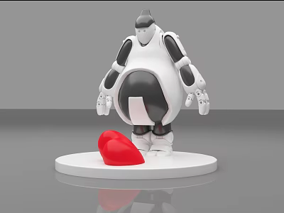 Smart Robot With White And Black Parts On White Base Near Red Heart Shaped Object 3d model