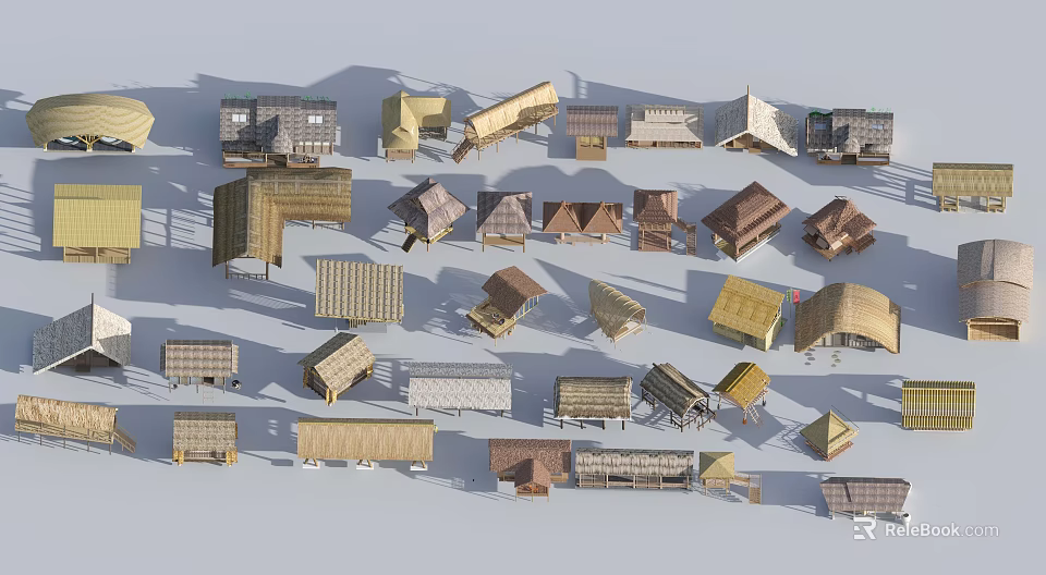 Traditional Architectural Roof Models With Various Wooden And Thatched Styles Displayed On White Background 3d model 