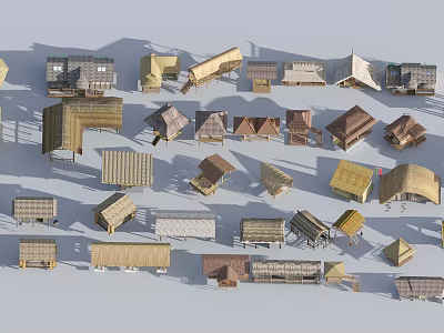 Traditional Architectural Roof Models With Various Wooden And Thatched Styles Displayed On White Background 3d model