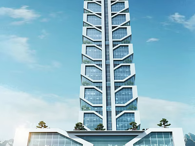 Modern Skyscraper with Geometric Design Glass Windows Trees at Base and Blue Sky White Clouds 3d model