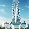 Modern Skyscraper with Geometric Design Glass Windows Trees at Base and Blue Sky White Clouds