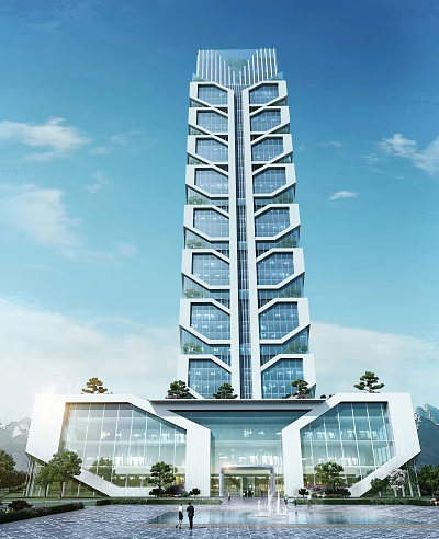 Modern Skyscraper with Geometric Design Glass Windows Trees at Base and Blue Sky White Clouds 3d model